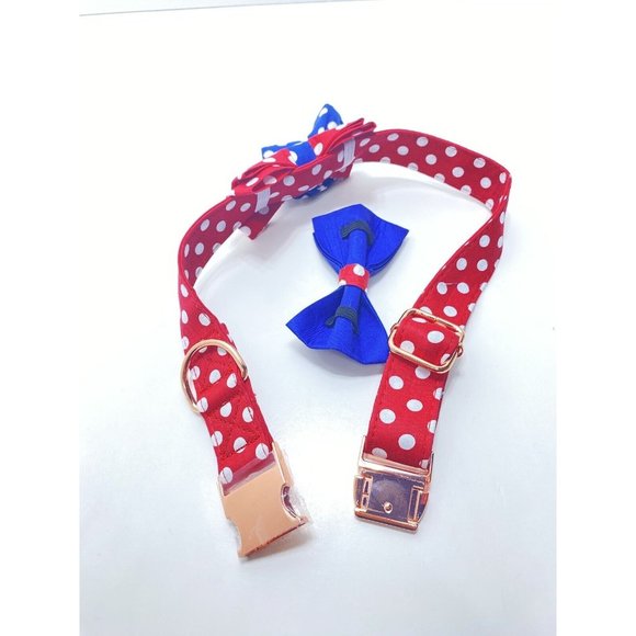Brand New Polka Dot XL Dog Collar With Removable Bow Ties, Leash Clip Red & Blue - Picture 5 of 7